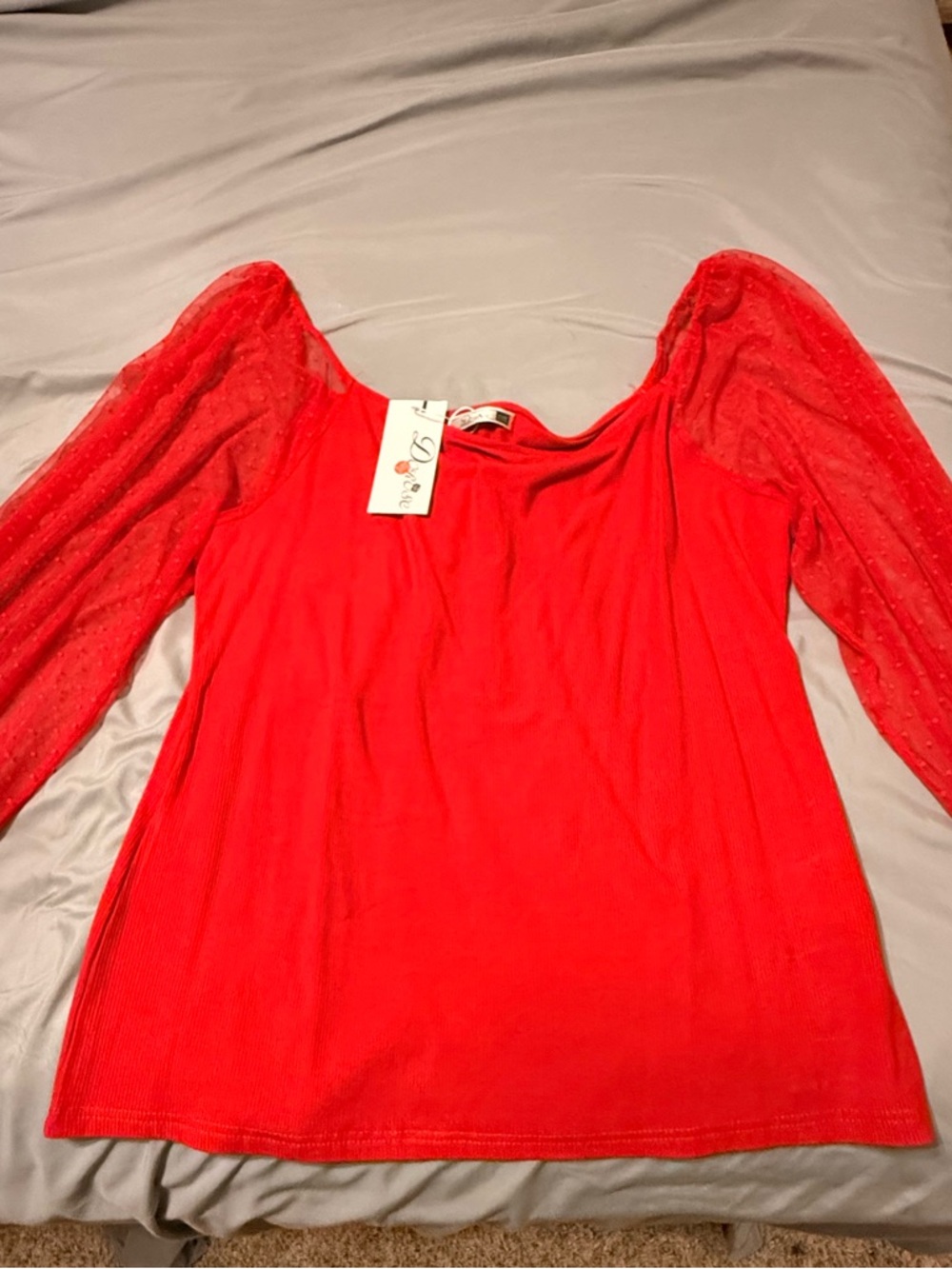 Women's Red Scoop Neck Top with Sheer Dotted Long Sleeves